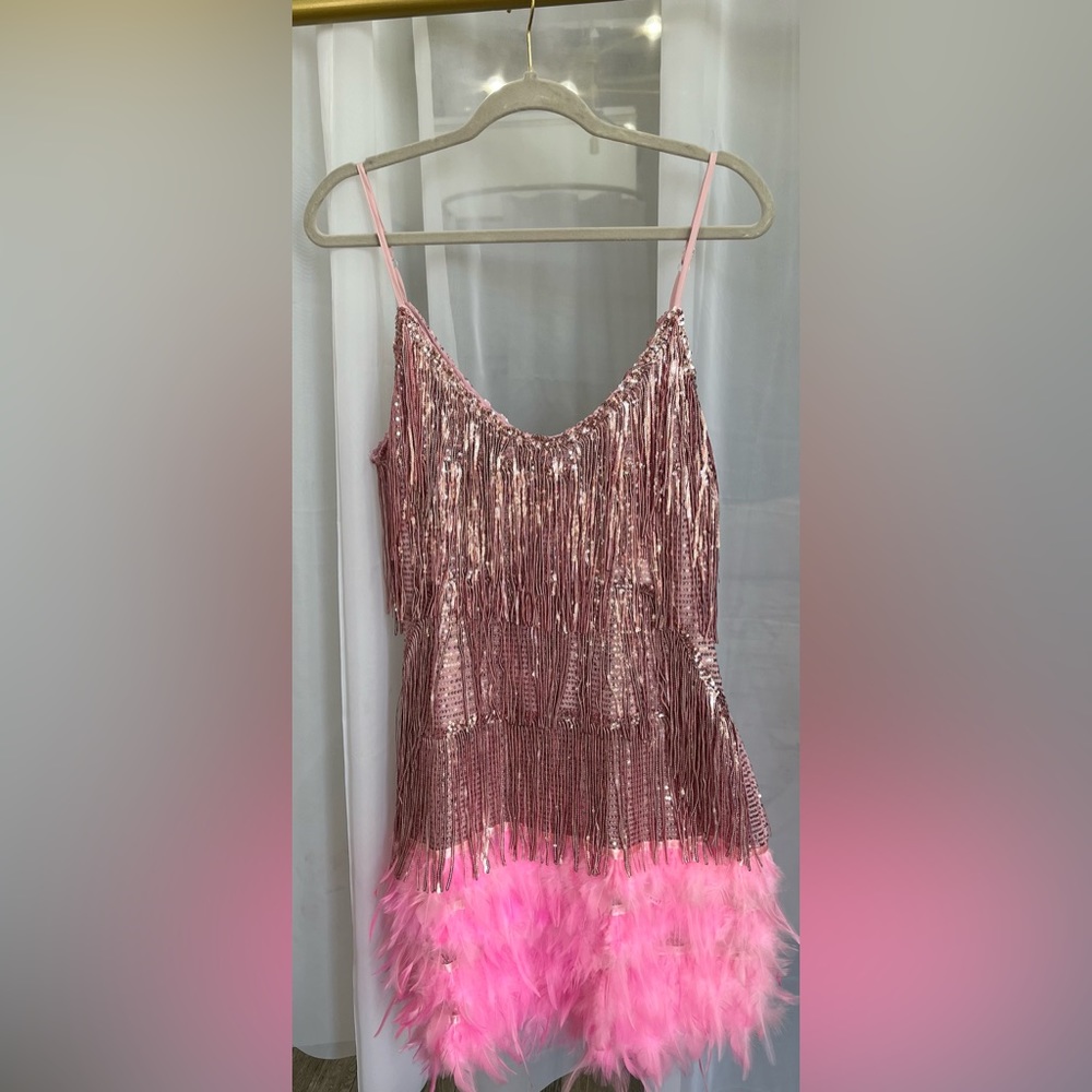 Sequin Fringe & Feather Mini Dress - Pink - Picture 2 of 2